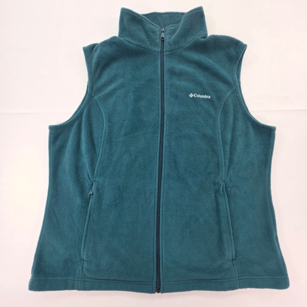Columbia Womens XL Teal Green Fleece Full Zip Vest Mock Neck Sleeveless Jacket